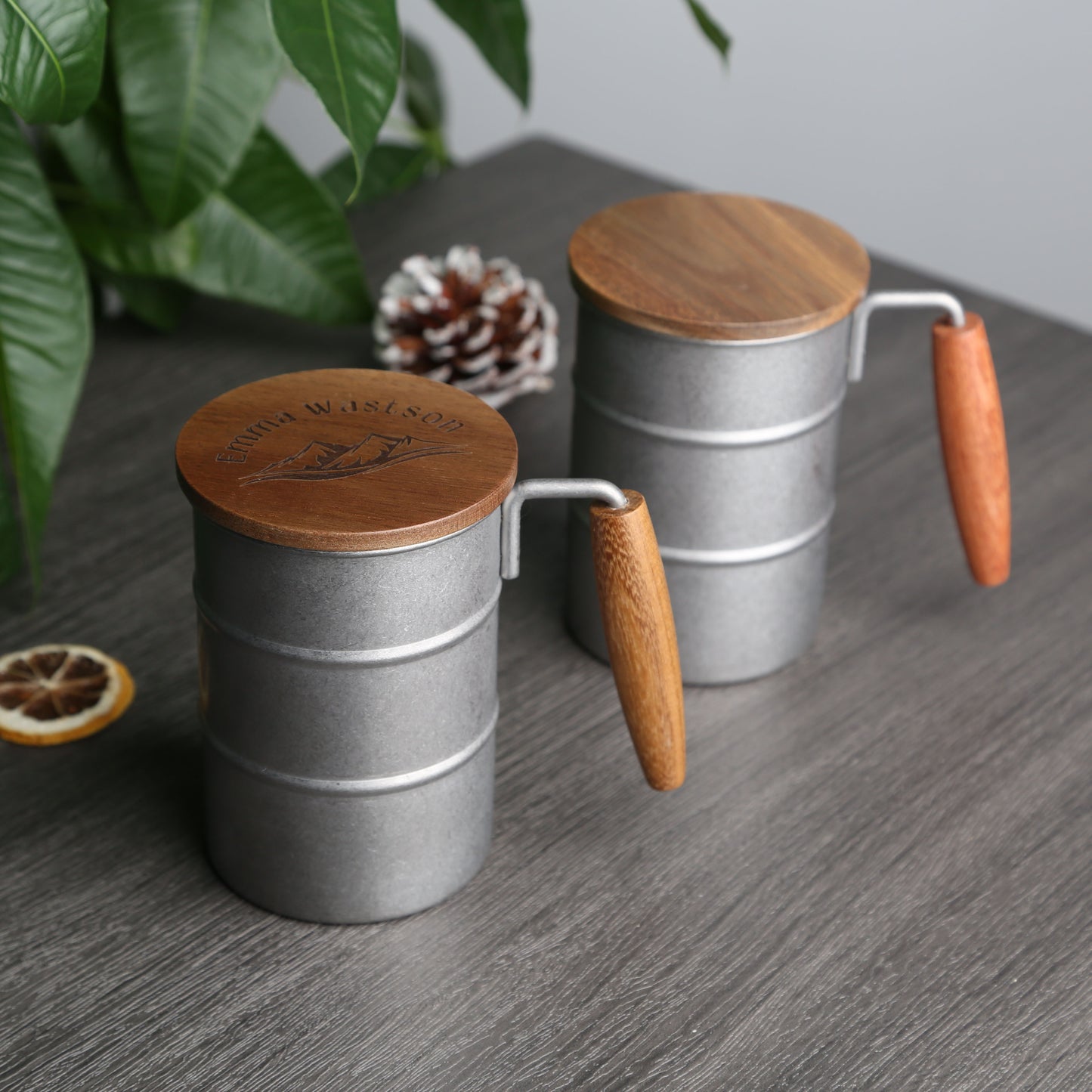 Vintage 304 Stainless Steel Outdoor Mug,Acacia Wood Lid and Handle, Personalized Travel Cup,Eco-Friendly Coffee Mug,Rustic Camping Gift Idea