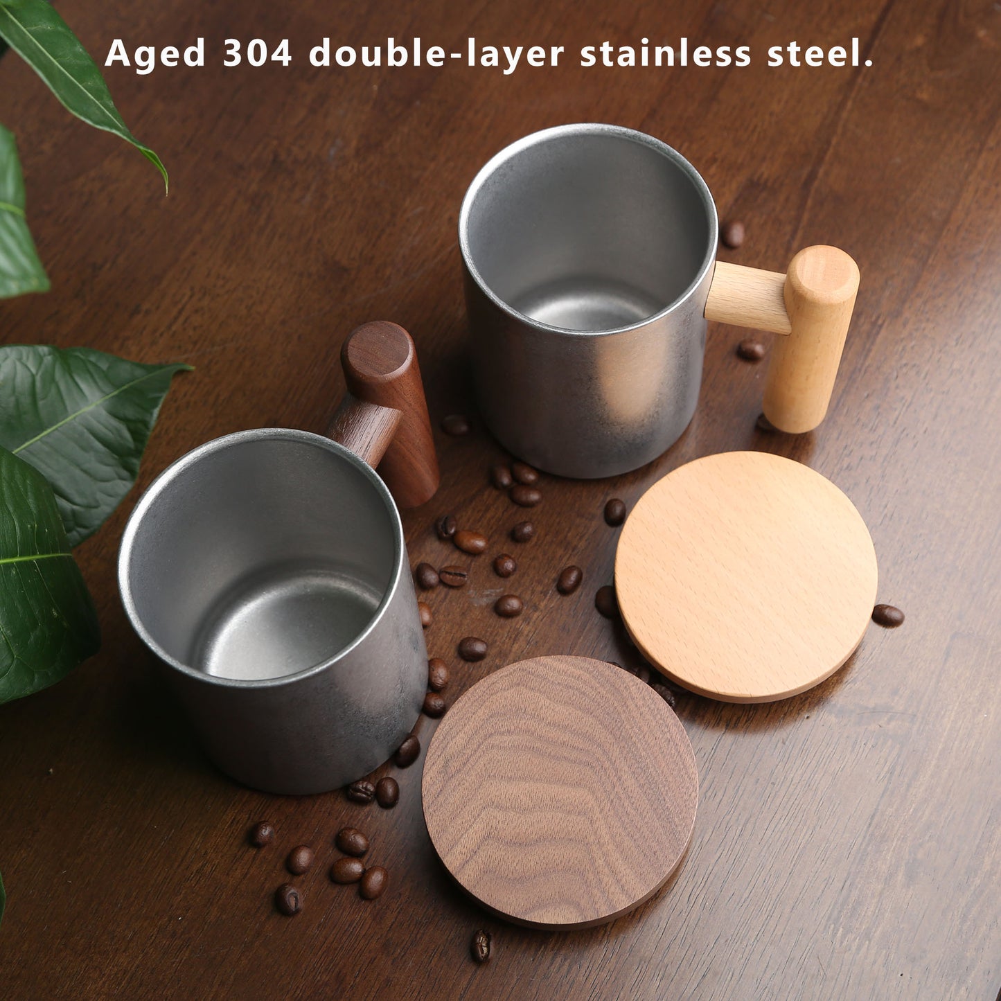 Vintage 304 Stainless Steel Outdoor Mug,Walnut Wood Lid and Handle, Personalized Travel Cup,Eco-Friendly Coffee Mug,Rustic Camping Gift Idea