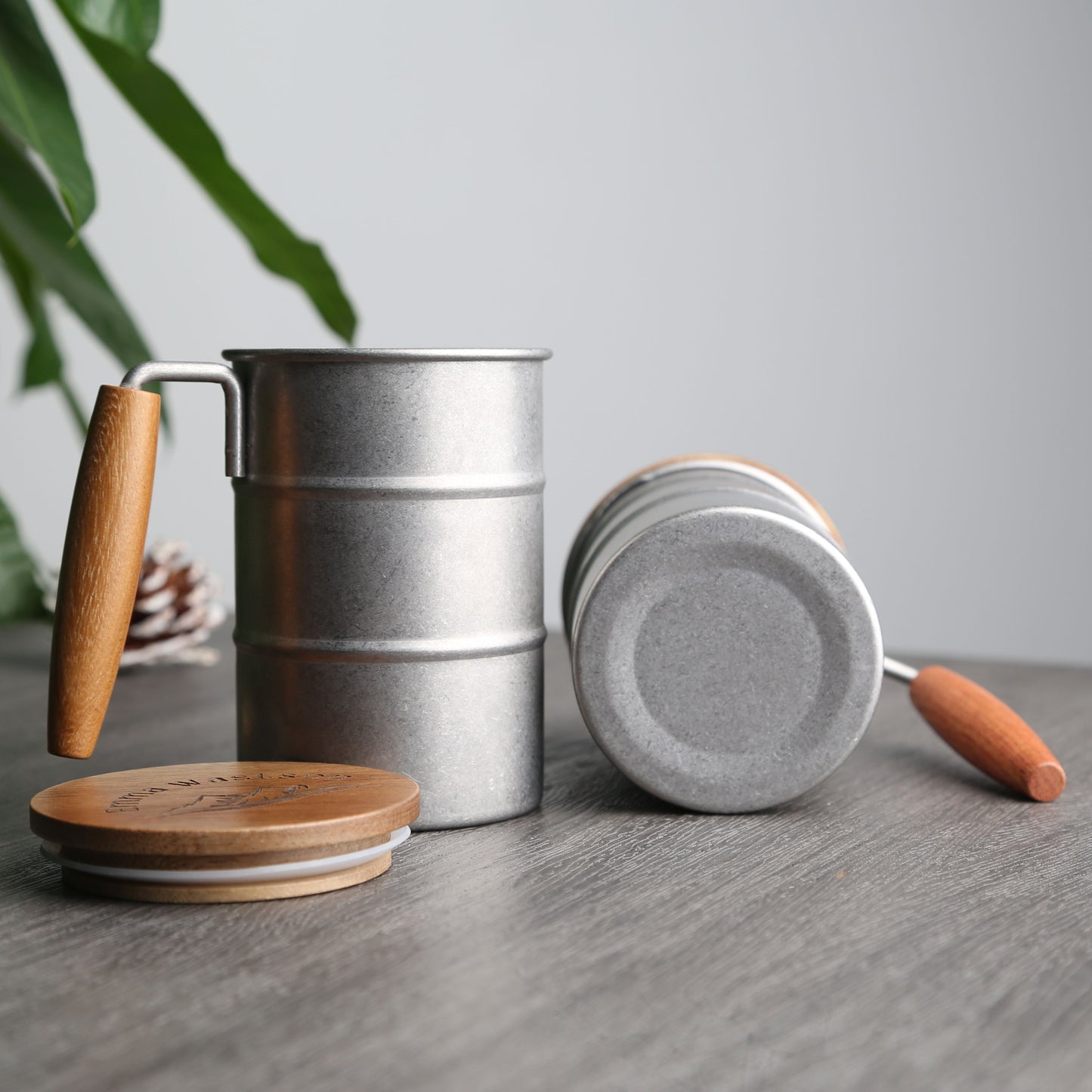Vintage 304 Stainless Steel Outdoor Mug,Acacia Wood Lid and Handle, Personalized Travel Cup,Eco-Friendly Coffee Mug,Rustic Camping Gift Idea