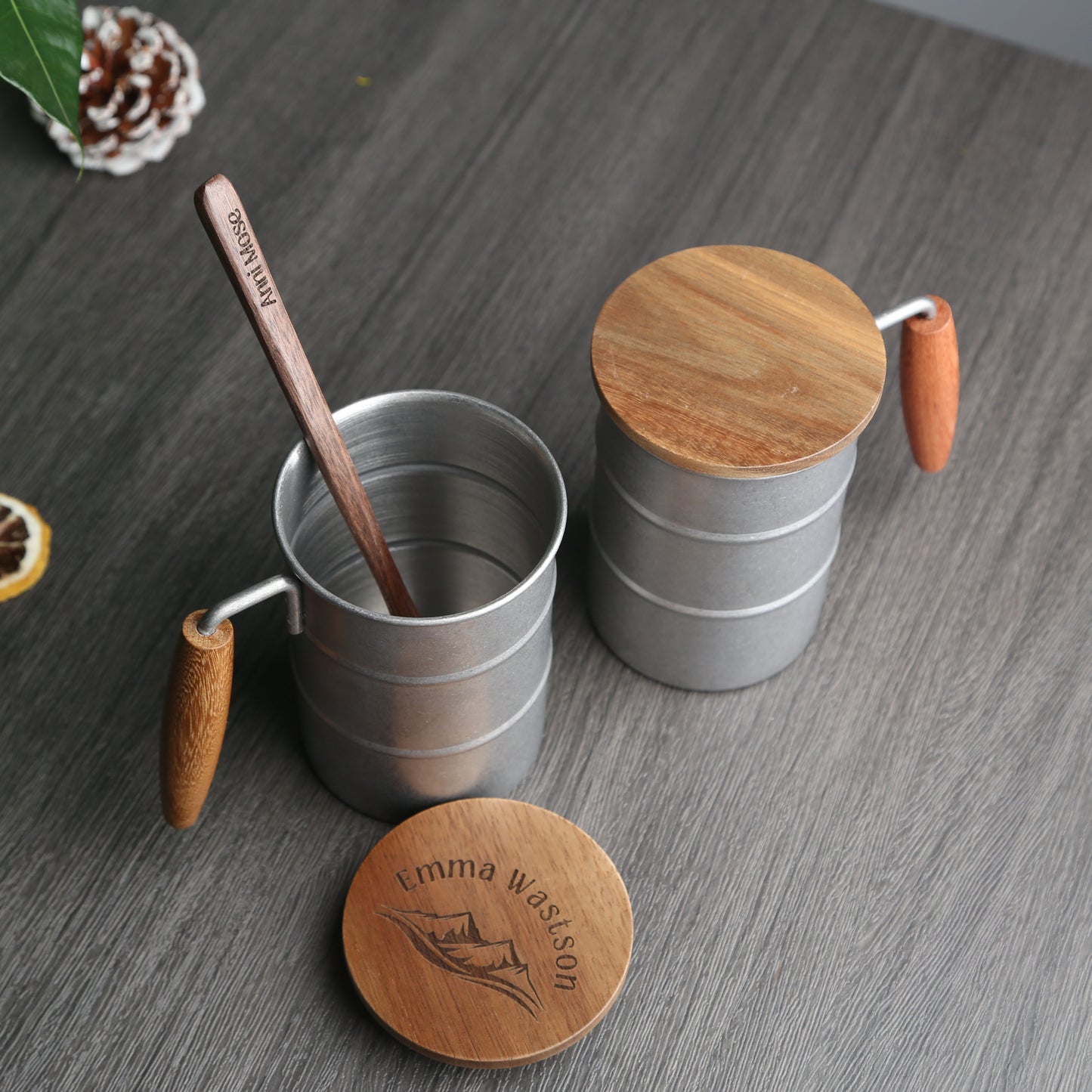 Vintage 304 Stainless Steel Outdoor Mug,Acacia Wood Lid and Handle, Personalized Travel Cup,Eco-Friendly Coffee Mug,Rustic Camping Gift Idea