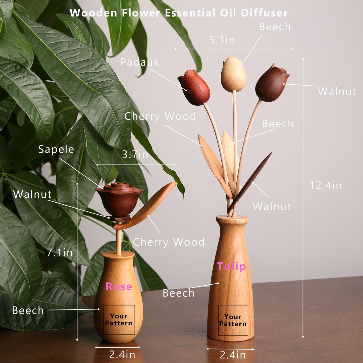 Personalized Wooden Essential Oil Diffuser,Rose/Tulip Aromatherapy Diffuser,Unique Home Décor,Unique Gift for Her & Essential Oil Lovers