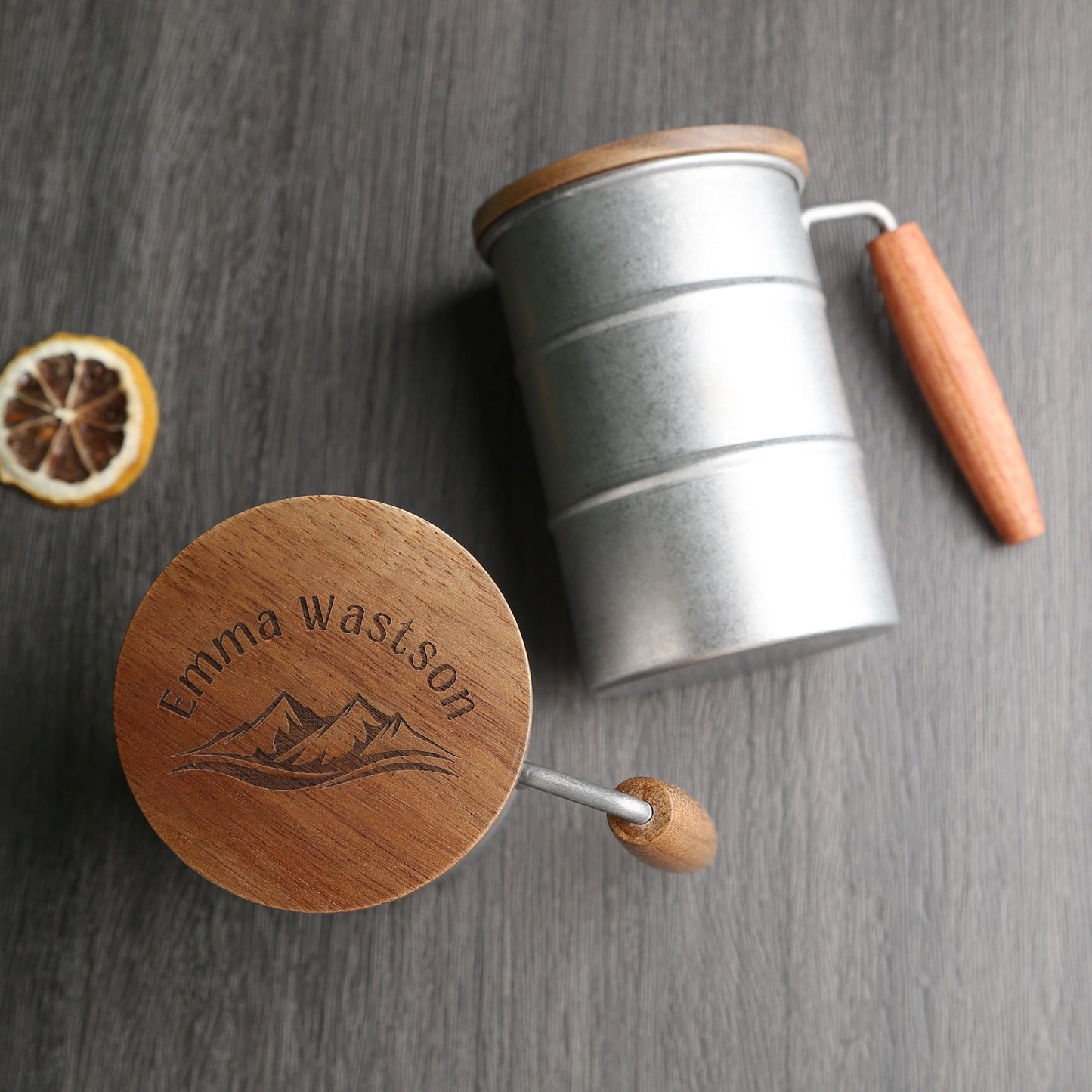 Vintage 304 Stainless Steel Outdoor Mug,Acacia Wood Lid and Handle, Personalized Travel Cup,Eco-Friendly Coffee Mug,Rustic Camping Gift Idea