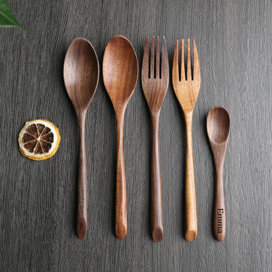 2pcs Wooden Spoon,Wooden Fork,Vintage Multi-Purpose Coffee Spoon,Dessert Spoon,Custom Name Engraving,Ideal for Home,Coffee Shop & Bar Use