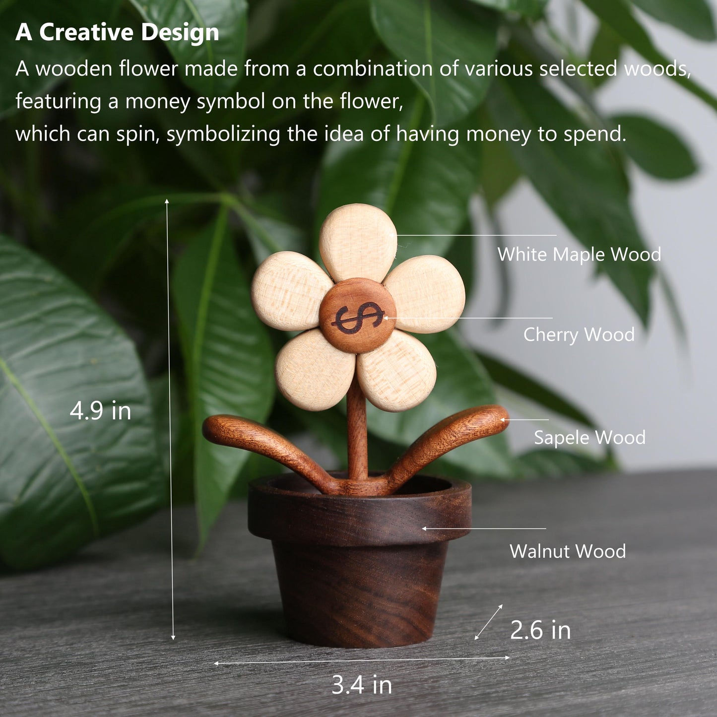 Rotating Wooden Flower,Home & Car Décor,Personalized Name Engraving,Creative Gift Idea,Unique Handmade Decoration,Gift for Women/Girls