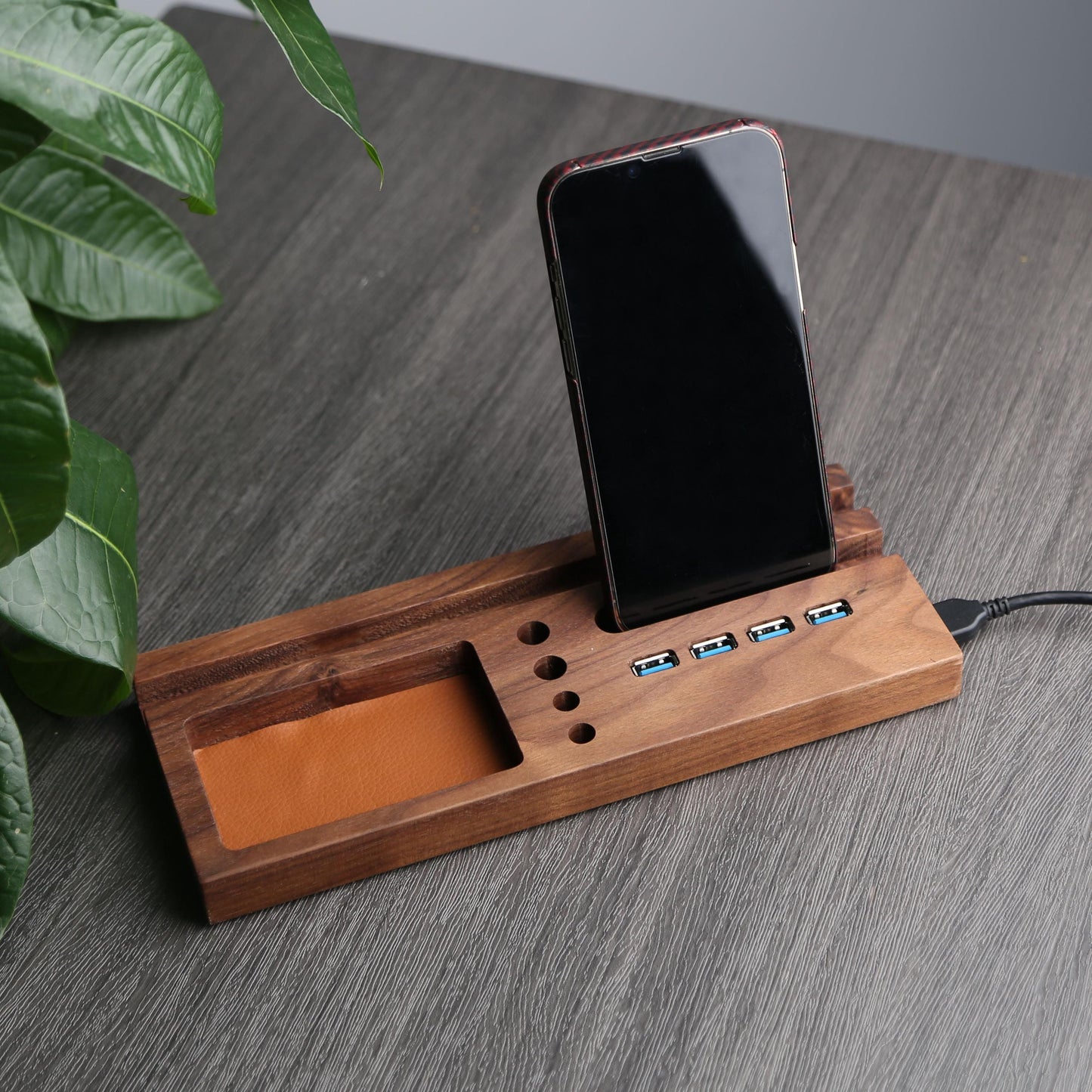 Walnut Wood USB 3.0 Hub Docking Station,Phone/Tablet Stand,Pen Holder,Accessory,Desk Organizer, Personalized Gifts for Men,Tech Gifts