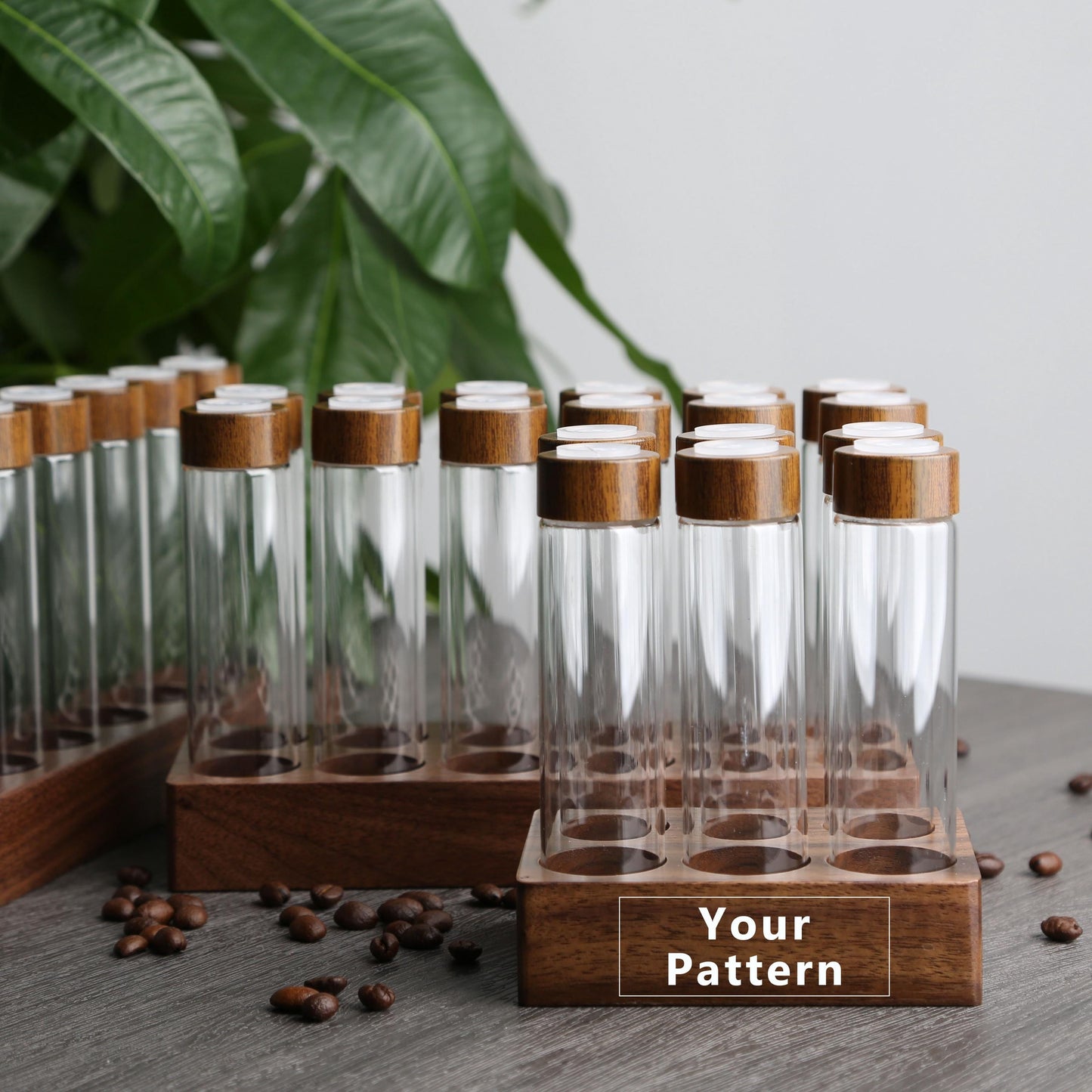 Personalized Walnut Coffee Bean Storage Tubes,6/12 pcs Glass Espresso Dosing Tubes with One-Way Exhaust Valve, Funnel & Customizable Stand