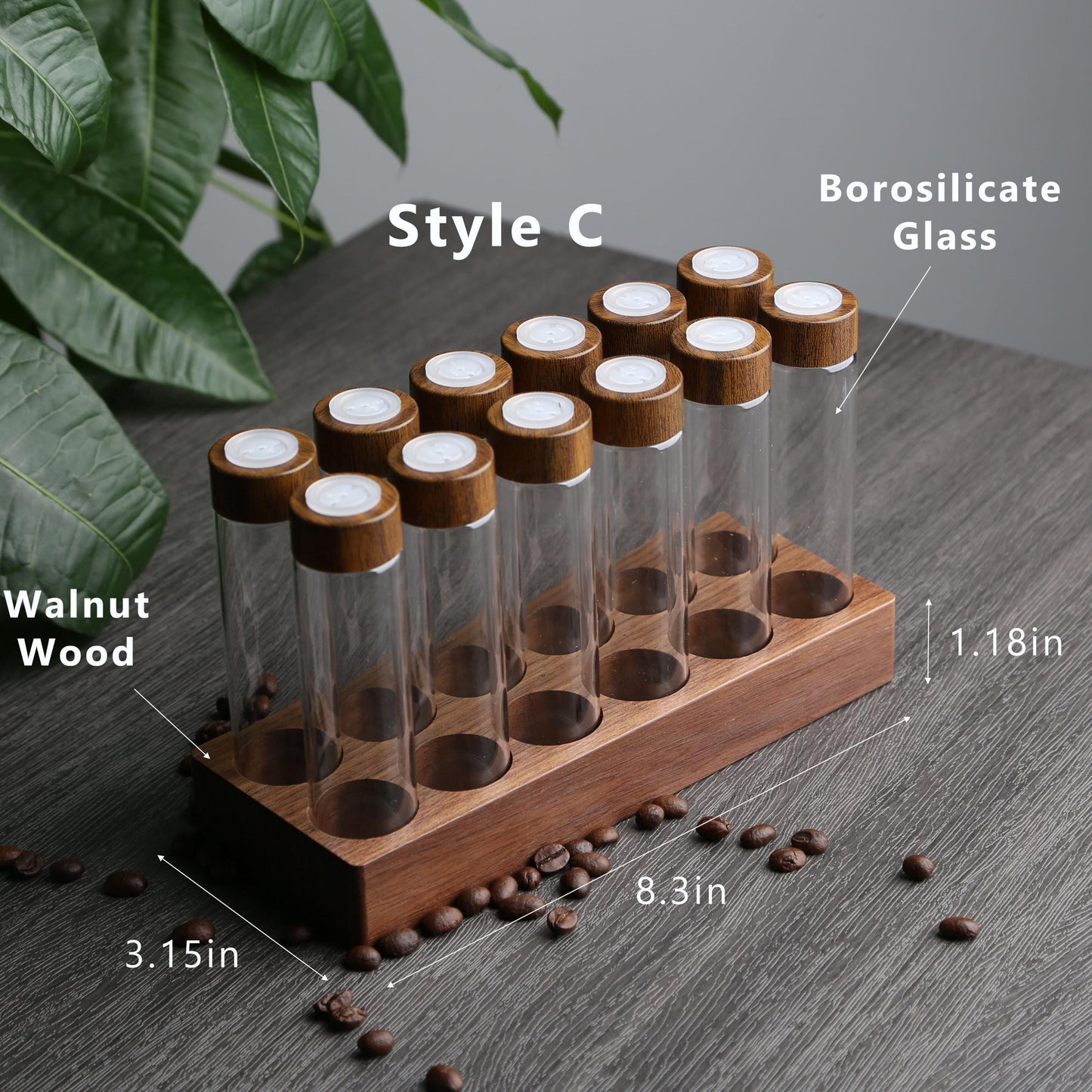 Personalized Walnut Coffee Bean Storage Tubes,6/12 pcs Glass Espresso Dosing Tubes with One-Way Exhaust Valve, Funnel & Customizable Stand