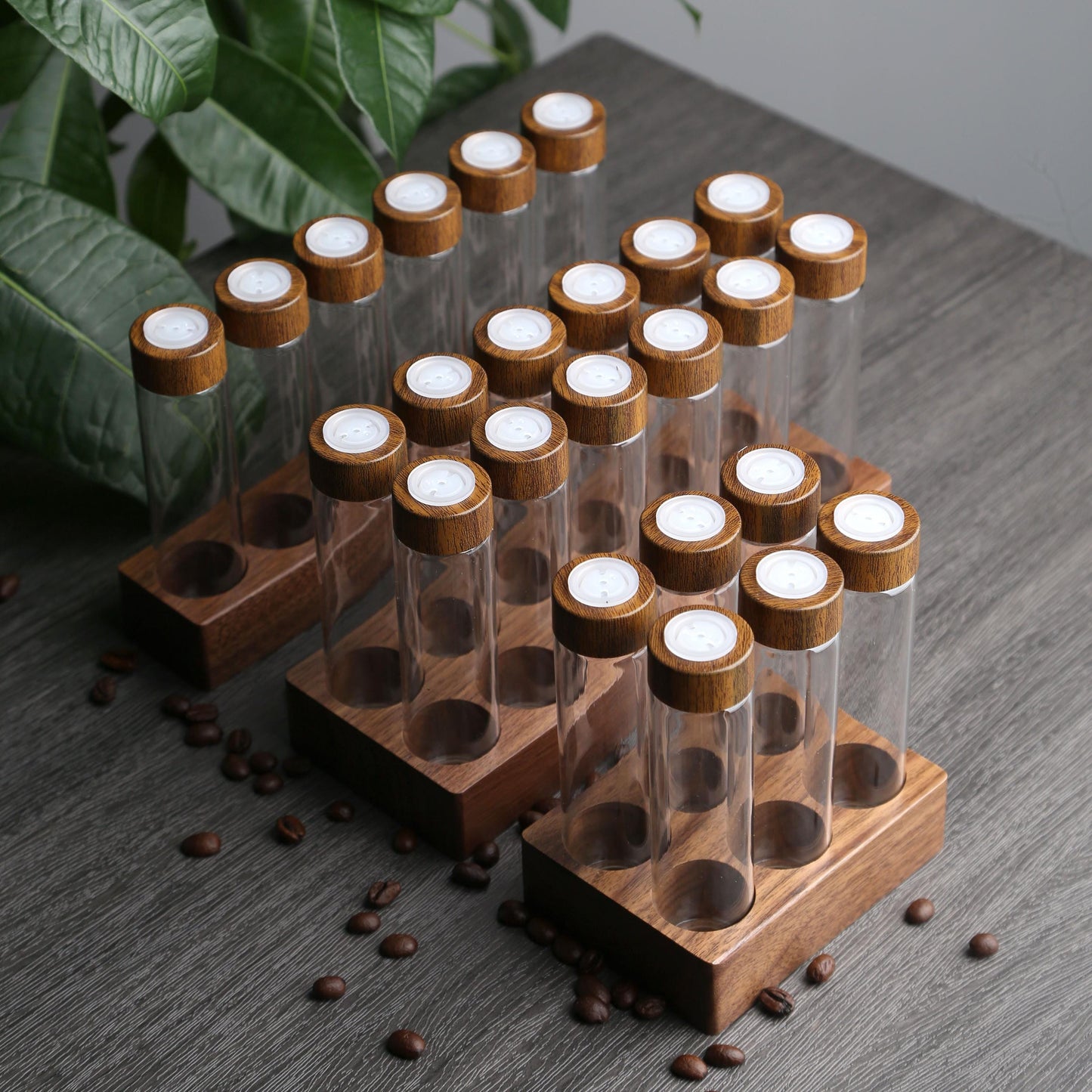 Personalized Walnut Coffee Bean Storage Tubes,6/12 pcs Glass Espresso Dosing Tubes with One-Way Exhaust Valve, Funnel & Customizable Stand
