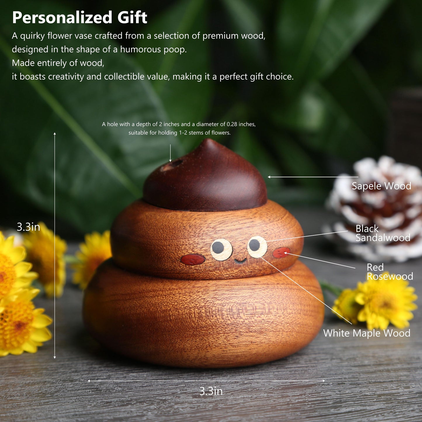 Personalized Wooden Poop Vase,Unique Home Décor,Funny Creative Gift,Custom Engraved Flower Holder,Eco-Friendly Wooden Gift,Fun Birthday Gift