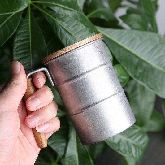 Vintage 304 Stainless Steel Outdoor Mug,Acacia Wood Lid and Handle, Personalized Travel Cup,Eco-Friendly Coffee Mug,Rustic Camping Gift Idea