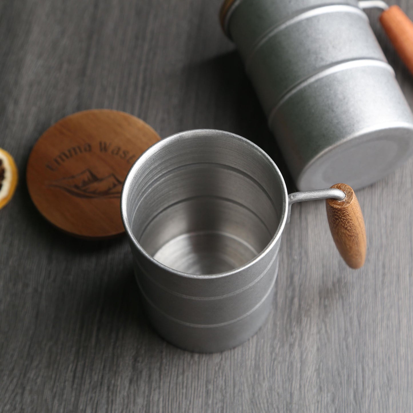 Vintage 304 Stainless Steel Outdoor Mug,Acacia Wood Lid and Handle, Personalized Travel Cup,Eco-Friendly Coffee Mug,Rustic Camping Gift Idea