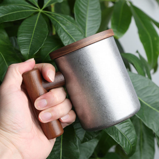 Vintage 304 Stainless Steel Outdoor Mug,Walnut Wood Lid and Handle, Personalized Travel Cup,Eco-Friendly Coffee Mug,Rustic Camping Gift Idea