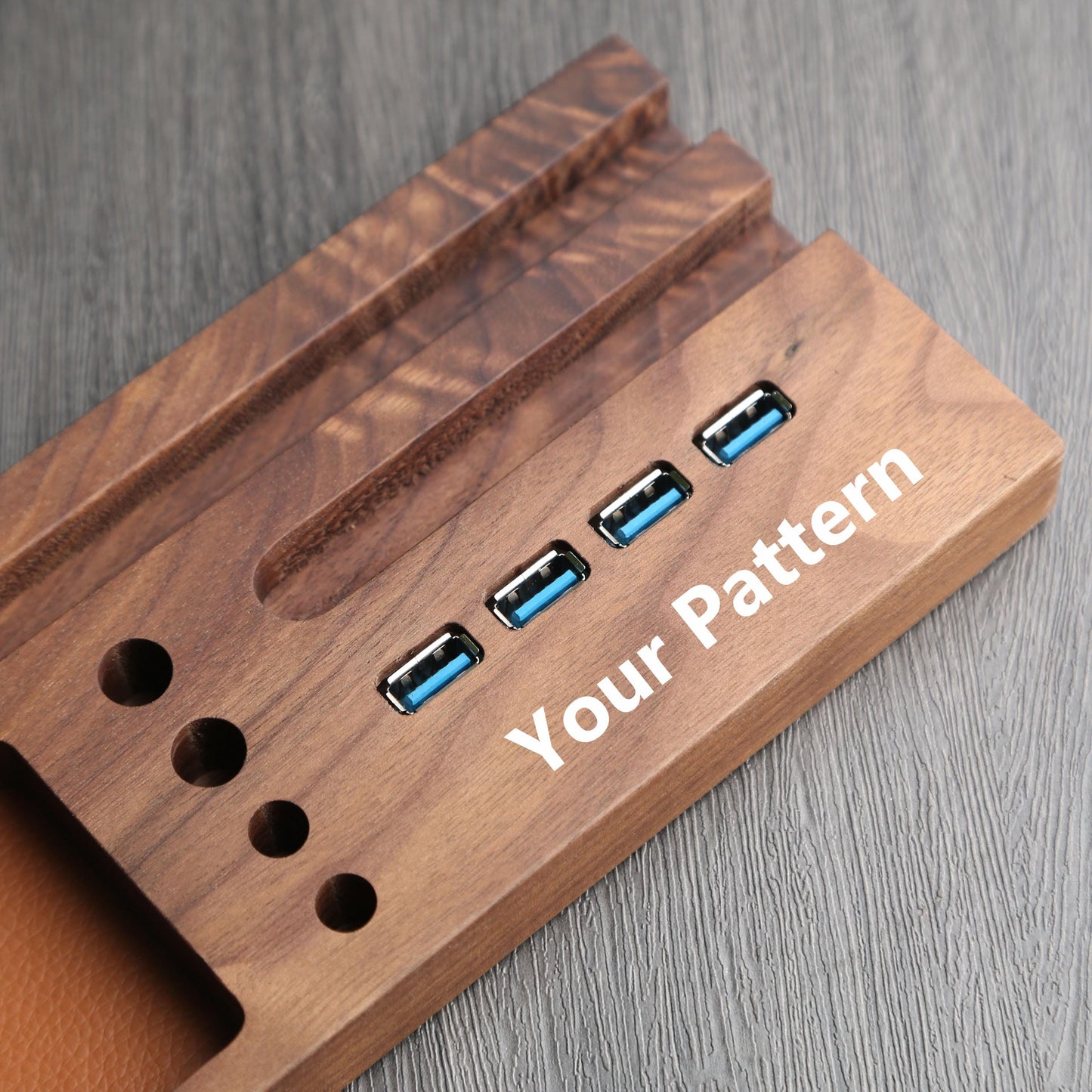 Walnut Wood USB 3.0 Hub Docking Station,Phone/Tablet Stand,Pen Holder,Accessory,Desk Organizer, Personalized Gifts for Men,Tech Gifts