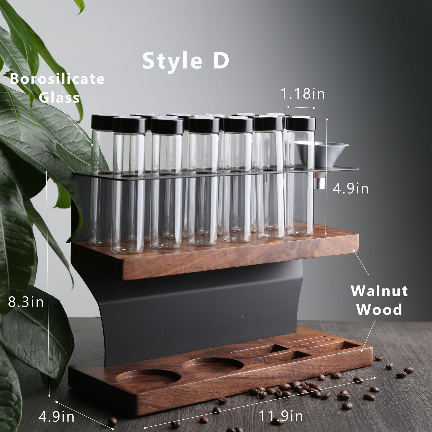 Personalized Walnut Coffee Bean Storage Tubes,6/12 pcs Glass Espresso Dosing Tubes with One-Way Exhaust Valve, Funnel & Customizable Stand