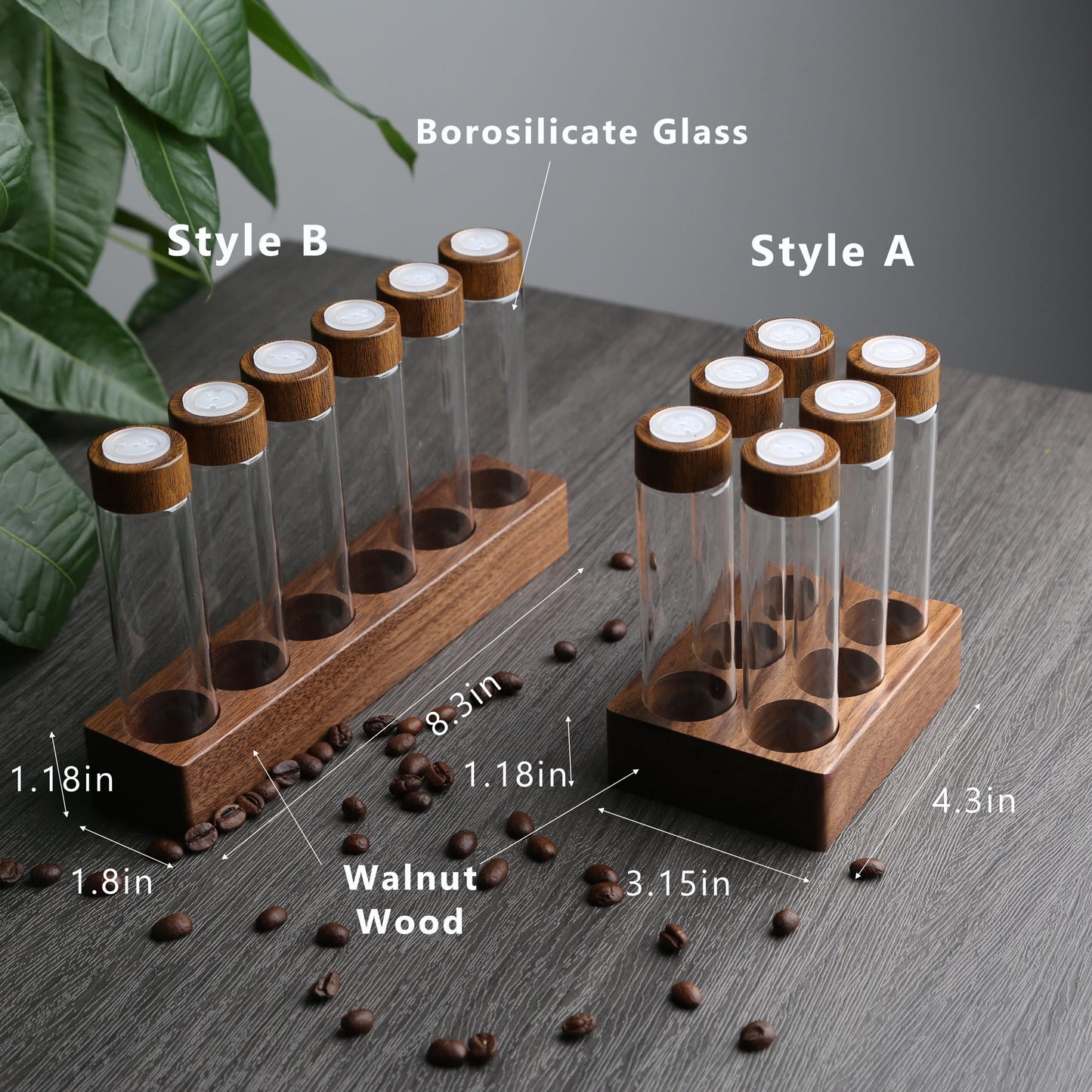Personalized Walnut Coffee Bean Storage Tubes,6/12 pcs Glass Espresso Dosing Tubes with One-Way Exhaust Valve, Funnel & Customizable Stand