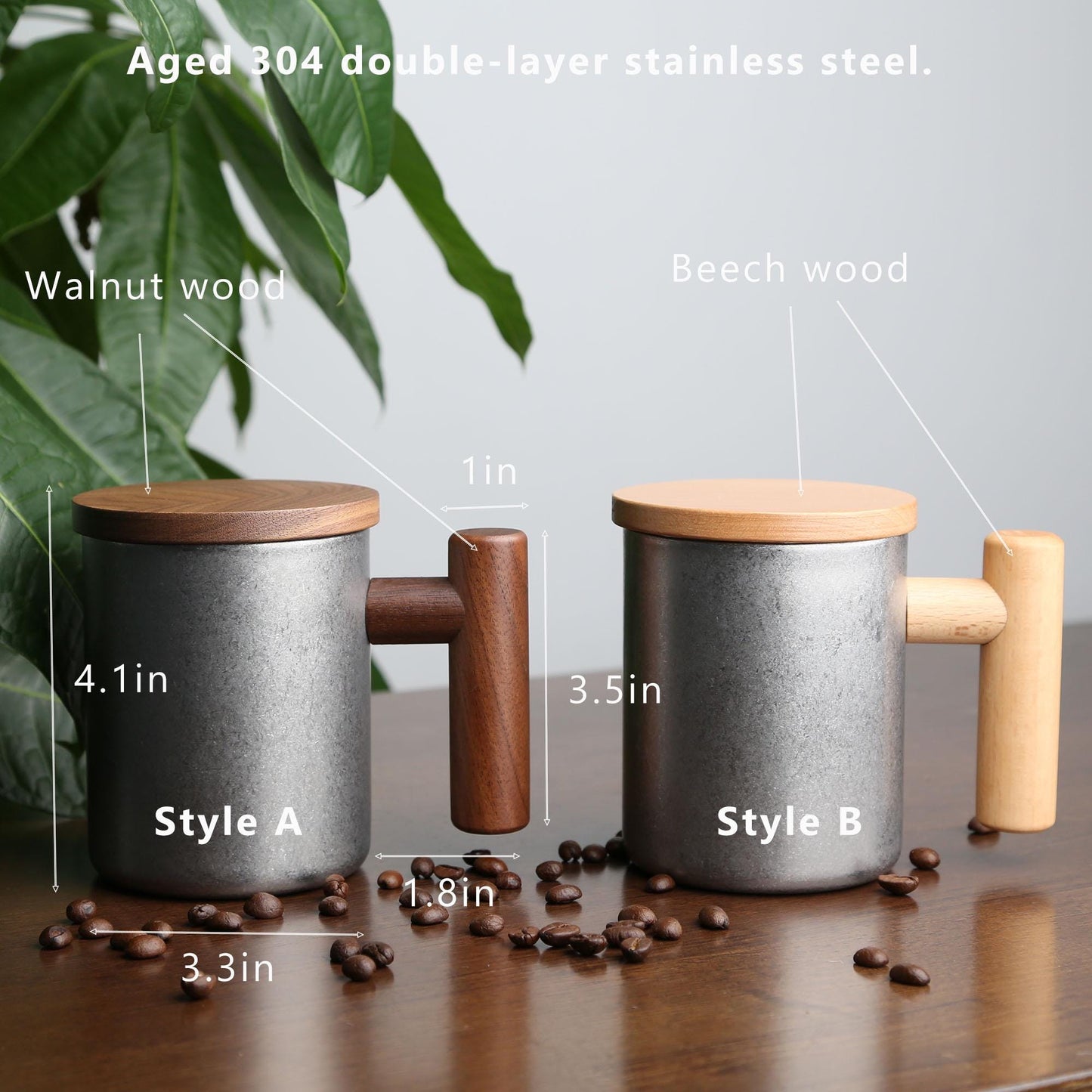 Vintage 304 Stainless Steel Outdoor Mug,Walnut Wood Lid and Handle, Personalized Travel Cup,Eco-Friendly Coffee Mug,Rustic Camping Gift Idea
