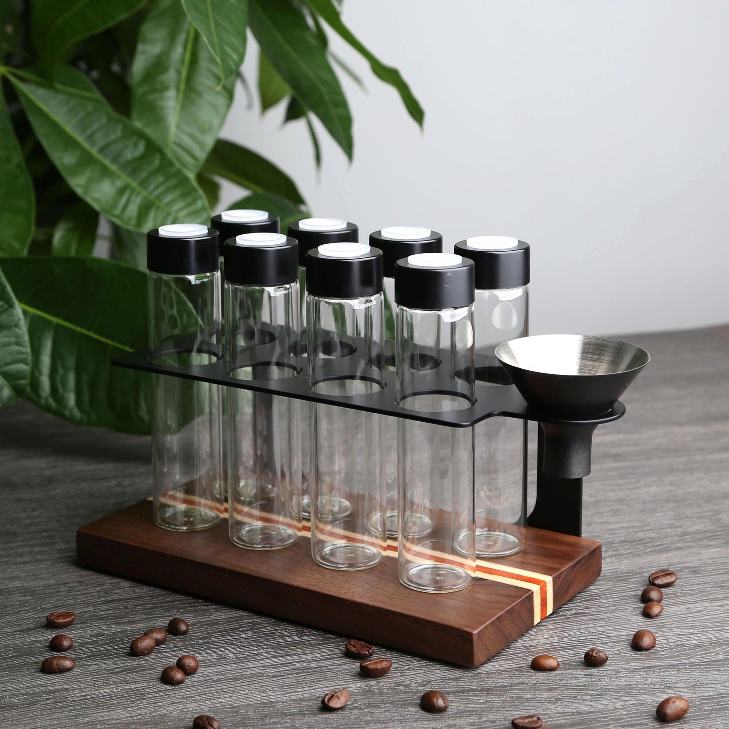 Personalized Walnut Coffee Bean Storage Tubes,8/12 Glass Dosing Tubes with One-Way Valve,Coffee Tool Storage Stand,Ideal for Home / Café Use