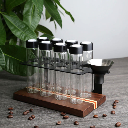 Personalized Walnut Coffee Bean Storage Tubes,8/12 Glass Dosing Tubes with One-Way Valve,Coffee Tool Storage Stand,Ideal for Home / Café Use