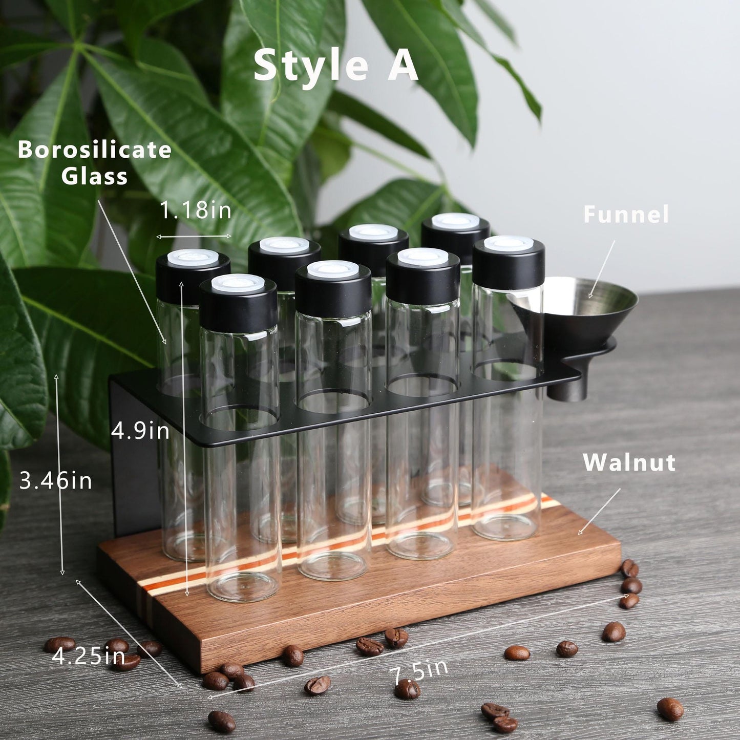 Personalized Walnut Coffee Bean Storage Tubes,8/12 Glass Dosing Tubes with One-Way Valve,Coffee Tool Storage Stand,Ideal for Home / Café Use