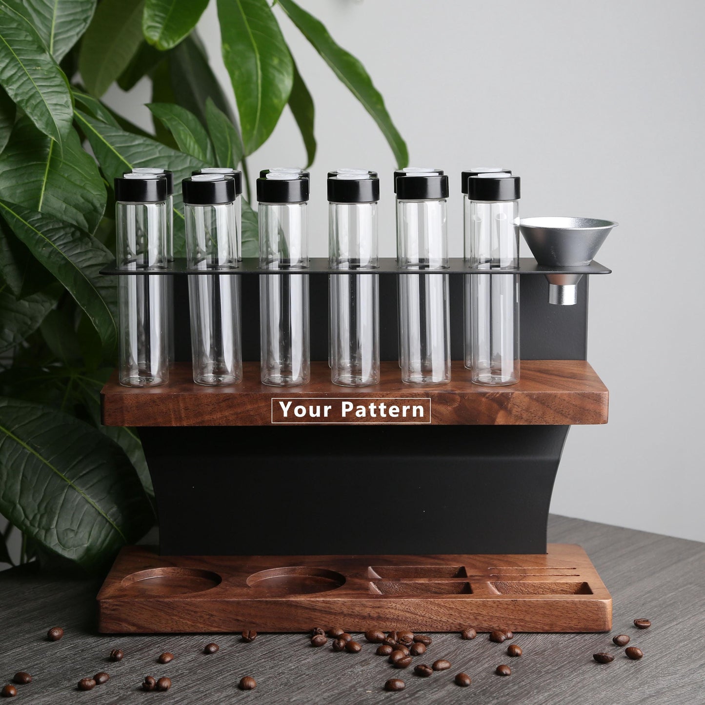 Personalized Walnut Coffee Bean Storage Tubes,8/12 Glass Dosing Tubes with One-Way Valve,Coffee Tool Storage Stand,Ideal for Home / Café Use